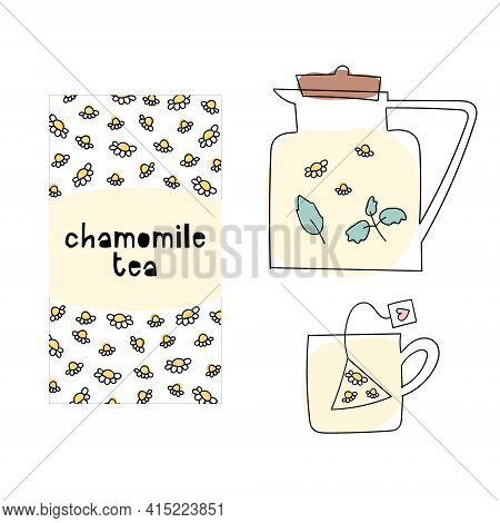 Chamomile Tea Packaging Design, Teapot, Cup. Hand Drawn Doodle Illustration Of Healthy Hot Drink.