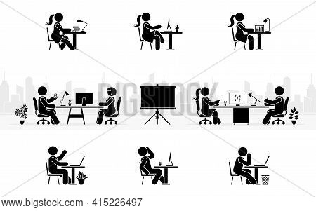 Stick Figure Office Workers Sitting At Workplace Side View Silhouette Pictogram Icon Vector Set. Sti