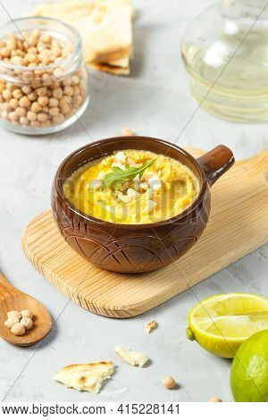 Hummus, Chickpea Paste With Olive Oil, Lauma Juice And Tahini. Healthy Vegetarian Pate. Vertical, Cl