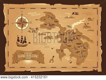 Detailed Map Of Pirate Treasure With Frayed Edges In Vintage Style Flat Vector Illustration