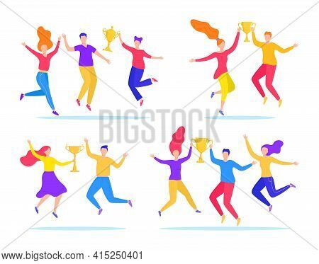 People Cheerful Man Woman Character Achieve Success, Vector Illustration. Young Female Mal Group Jum