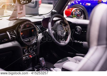 Nonthaburi, Thailand - March 25,2021 : View Of Inside Mini Jcw Gp Inspired Edition Gray Color On Dis