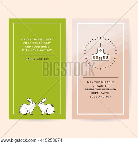 Easter Set Of Postcards, Gift Tags, Web Banners Drawn In A Linear Style. Frame With Easter Bunnies A