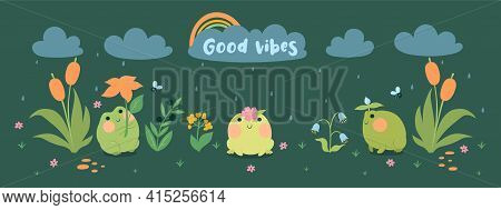 Banner With Cute Frogs, Flowers In The Rain. Vector Image.