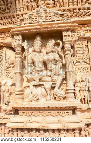UDAIPUR, INDIA - JANUARY 14, 2017: Sas Bahu Temple carvings closeup. The remains, also known as, the Sahastra Bahu temples of the early 10th century AD are dedicated to Vishnu.