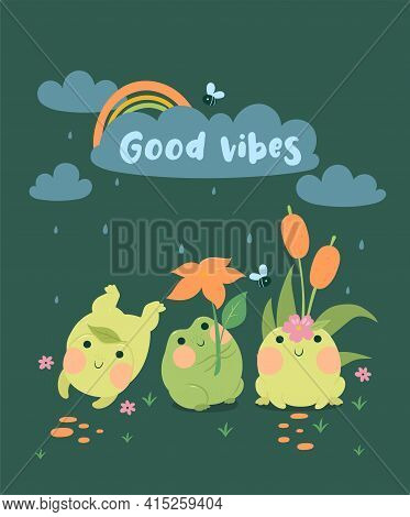 Postcard With Cute Frogs In The Rain. Vector Image.