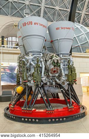 Moscow, Russia - November 28, 2018: Rocket engine RD-170. Space museum. Inside The Cosmonautics and Aviation Centre in the Cosmos pavilion of VDNH. Aircraft exhibition. Rocket science.