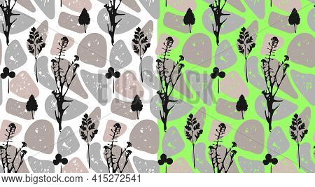 Wild Grass On Stones Seamless Pattern, Black Silhouettes Of Field Herbs, Abstract Shapes, Grunge Eff