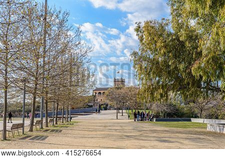 Sabadell - Catalonia, Spain - March 20th Of 2021: Wide View Of The Top Area Of The Park Of Can Gambu