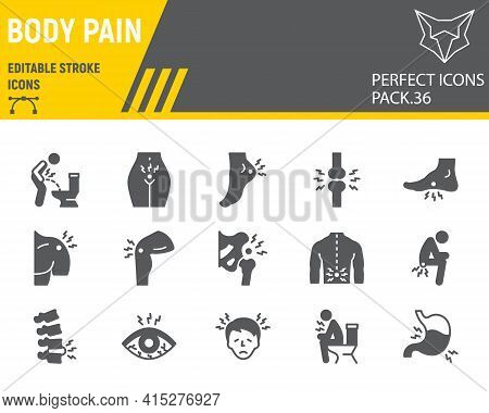 Body Pain Glyph Icon Set, Body Ache Collection, Vector Graphics, Logo Illustrations, Body Pain Vecto