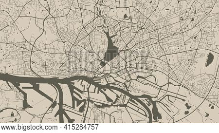 Brown Vector Background Map, Hamburg City Area Streets And Water Cartography Illustration. Widescree