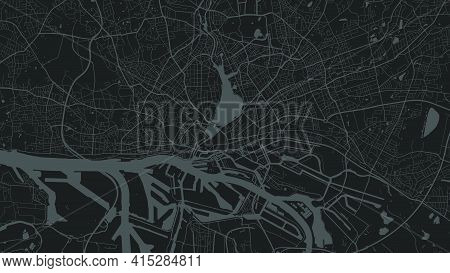 Dark Grey Vector Background Map, Hamburg City Area Streets And Water Cartography Illustration. Wides