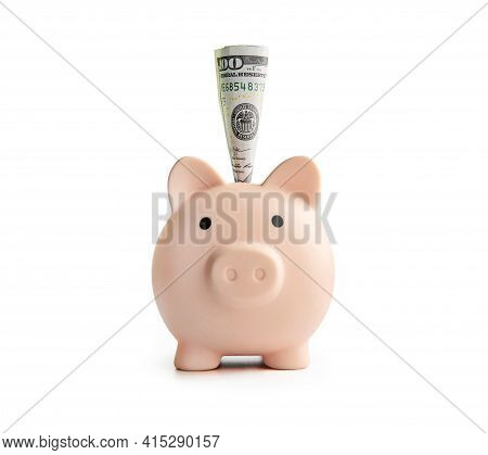 Piggy Bank Isolated On White Background. The Concept Of Preserving And Saving Money. Dollars In The 