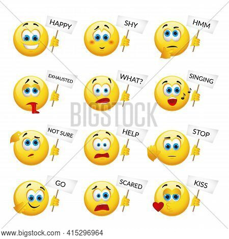 Set Of Yellow Emoticons And Emojis. Vector Illustration In Realistic Style Close-up