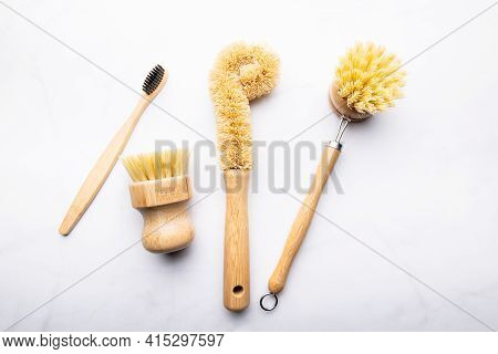 Eco Friendly Plant Based Cleaning Brush Set, Bamboo Kitchen Scrub Brush Set Of 3. Zero Waste Food Cl