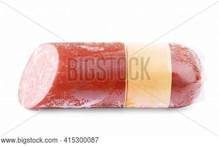 Italian Sausage. Tasty Dried Sausage, Close-up, Isolated On White Background.