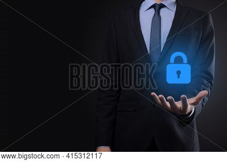 Cyber Security Network. Padlock Icon And Internet Technology Networking. Businessman Protecting Data