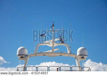 Yacht Rooftop, Satellite Radar, Antennas Background Marina Flisvou, Greece.