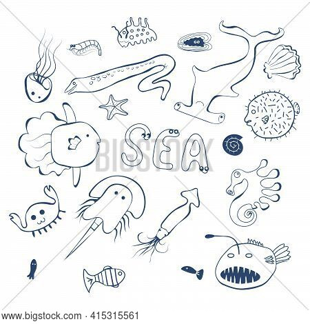Cute Sea Creatures Line Style On The White Background