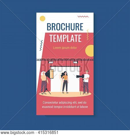 Young Model Posing In Photography Studio Isolated Flat Vector Illustration. Cartoon Photographers Ta
