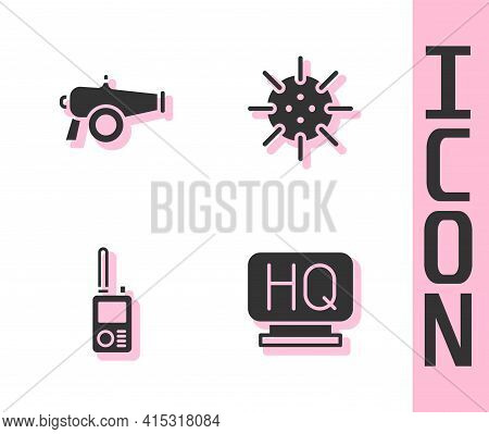 Set Military Headquarters, Cannon, Walkie Talkie And Naval Mine Icon. Vector