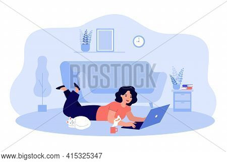 Happy Cartoon Woman Chatting, Working, Surfing Internet At Home. Flat Vector Illustration. Girl Doin