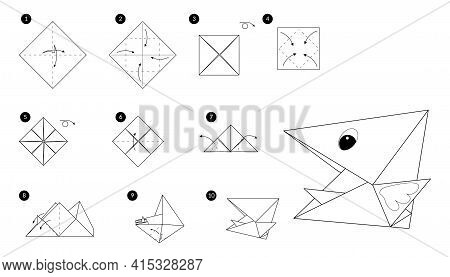 Bird Head Origami Line Monochrome Instruction Step By Step. Illustration How To Make Chick Beak From