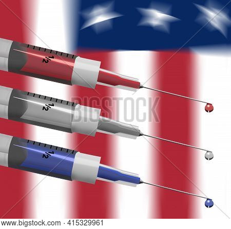 Syringes Filled With Red, White And Blue Liquid Are Seen In Front Of A Usa Flag In This 3-d Illustra