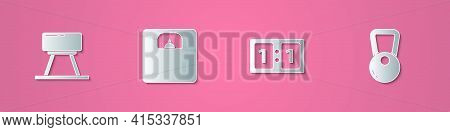 Set Paper Cut Pommel Horse, Bathroom Scales, Sport Mechanical Scoreboard And Kettlebell Icon. Paper 