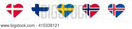 Set Of Flags In The Form Of Hearts Of The Scandinavian Countries. Flat Vector Illustration.