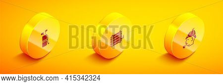 Set Isometric Golf Bag With Clubs, Wooden Barrel And Sherlock Holmes Icon. Vector