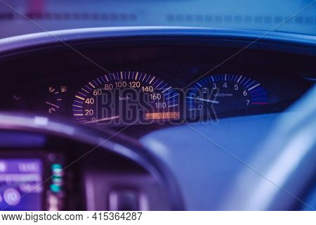 Novosibirsk, Russia - April 01 2021: Toyota Estima, Sign And Symbol On Car Dashboard. Car Speedomete