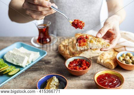 Healthy Turkish Breakfast, With Sliced Tomato, Cucumber, And White Feta Cheese, Small Bowls Of Straw
