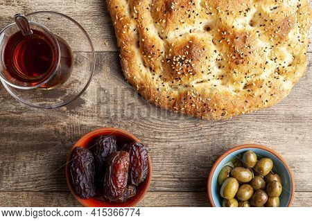 Flat Lay Image Of A Traditional Meal For Iftar And Sahur In The Holly Fasting Month Of Ramadan. Turk