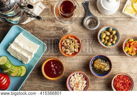 Healthy Turkish Breakfast, With Sliced Tomato, Cucumber, And White Feta Cheese, Small Bowls Of Straw