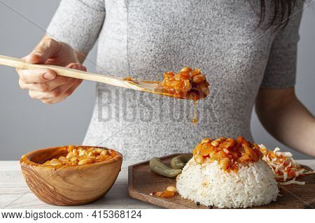 Fasolada, Bean Stew Over Rice Pilaf Known As Pilav Ustu Kuru Fasulye Is A Popular Dish In Turkey. Ha
