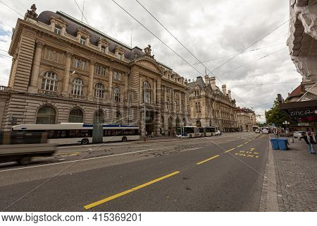 Lausanne, Switzerland 05-31-2010: Street View Of Place Saint Francois Featuring The Historic Headqua