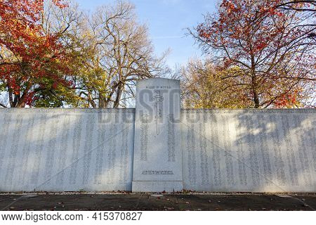 Frederick, Md, Usa 11-22-2020: A Granite Killed In Action Monument In Memorial Park Of Frederick Lis