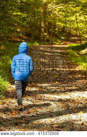 A Boy Wearing A Winter Coat With A Hood Is Walking Alone In A Hiking Trail Covered With Fallen Autum