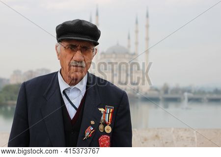 Adana, Turkey 12/26/2009: Portrait Of An Elderly Turkish Man, A Veteran Of The Korean War, On The Hi