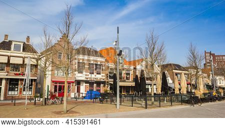 Purmerend, Netherlands - March 31, 2021: Panorama Of The Empty Bars And Restaurants On The Koemarkt 