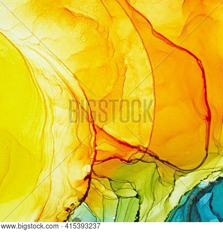 Alcohol Ink Air Texture. Azure, Blue, Yellow, Orange, Green Abstract Background. Abstract Translucen