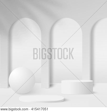 Abstract Background With White Color Geometric 3D Podiums. Vector Illustration