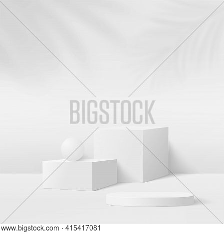 Abstract Background With White Color Geometric 3D Podiums. Vector Illustration