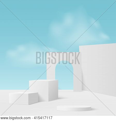 Abstract Background With White Blue Sky Geometric 3D Podiums. Vector Illustration