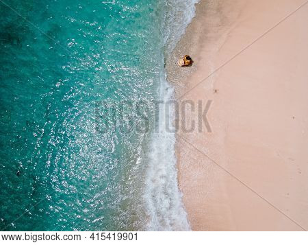 Playa Kalki Curacao Tropical Island In The Caribbean Sea, Aerial View Over Beach Playa Kalki On The 