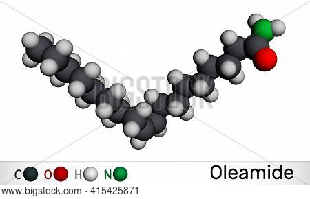 Oleamide Molecule. It Is Fatty Amide Derived From Oleic Acid. Molecular Model. 3d Rendering. Illustr