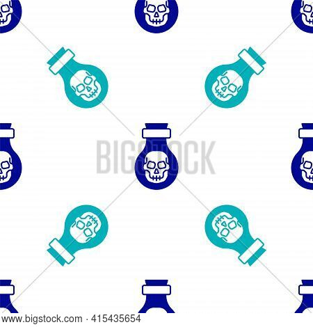 Blue Poison In Bottle Icon Isolated Seamless Pattern On White Background. Bottle Of Poison Or Poison