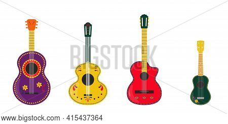 Guitar Set. Guitars Vector Illustration. Mexican Guitars And Ukulele Isolated On White Background. M