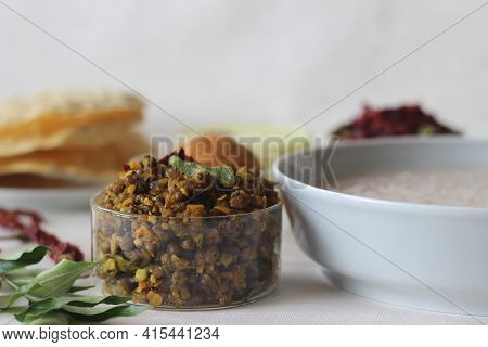 Stir Fried Green Gram. A Dish Made With Green Gram Or Moong And Pulsed Grated Coconut With Shallots,